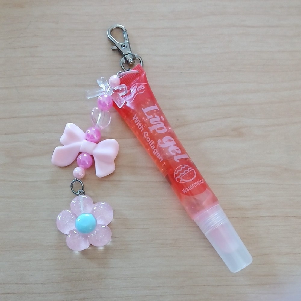 Lip Gel with Pink Bow Flower Charm Keychain NWOT Handmade